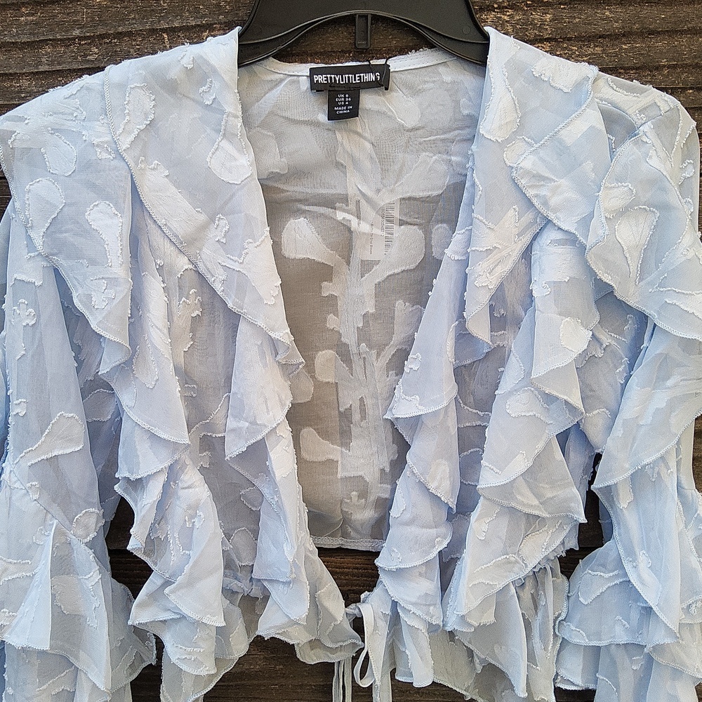Prettylittlething Baby Blue Floral Organza Ruffled Sheer Tie Crop Top Size 4 - Picture 3 of 9